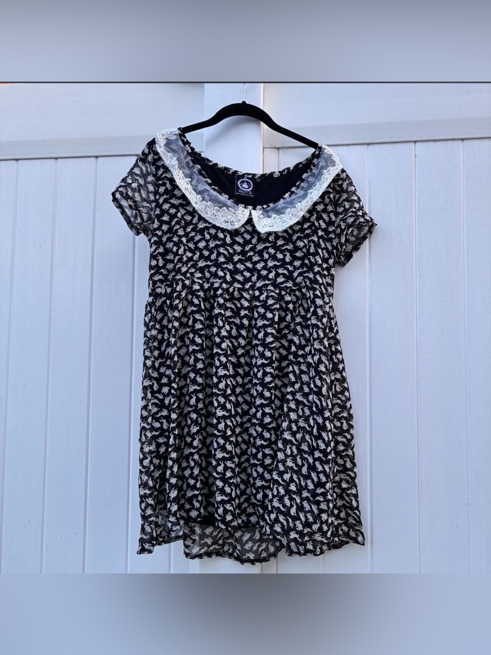 Banjo & Cake Womens Dress Black White Rabbit Lace Collar Retro Babydoll NWT Sz L